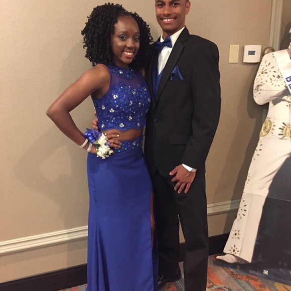 Royal Blue 2 Piece Prom Dress w/ slit & gems. - Picture 3 of 5